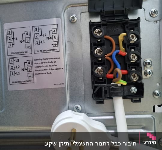 חיבורי חשמל עם כבלים צבעוניים ושקע תלת פאזי